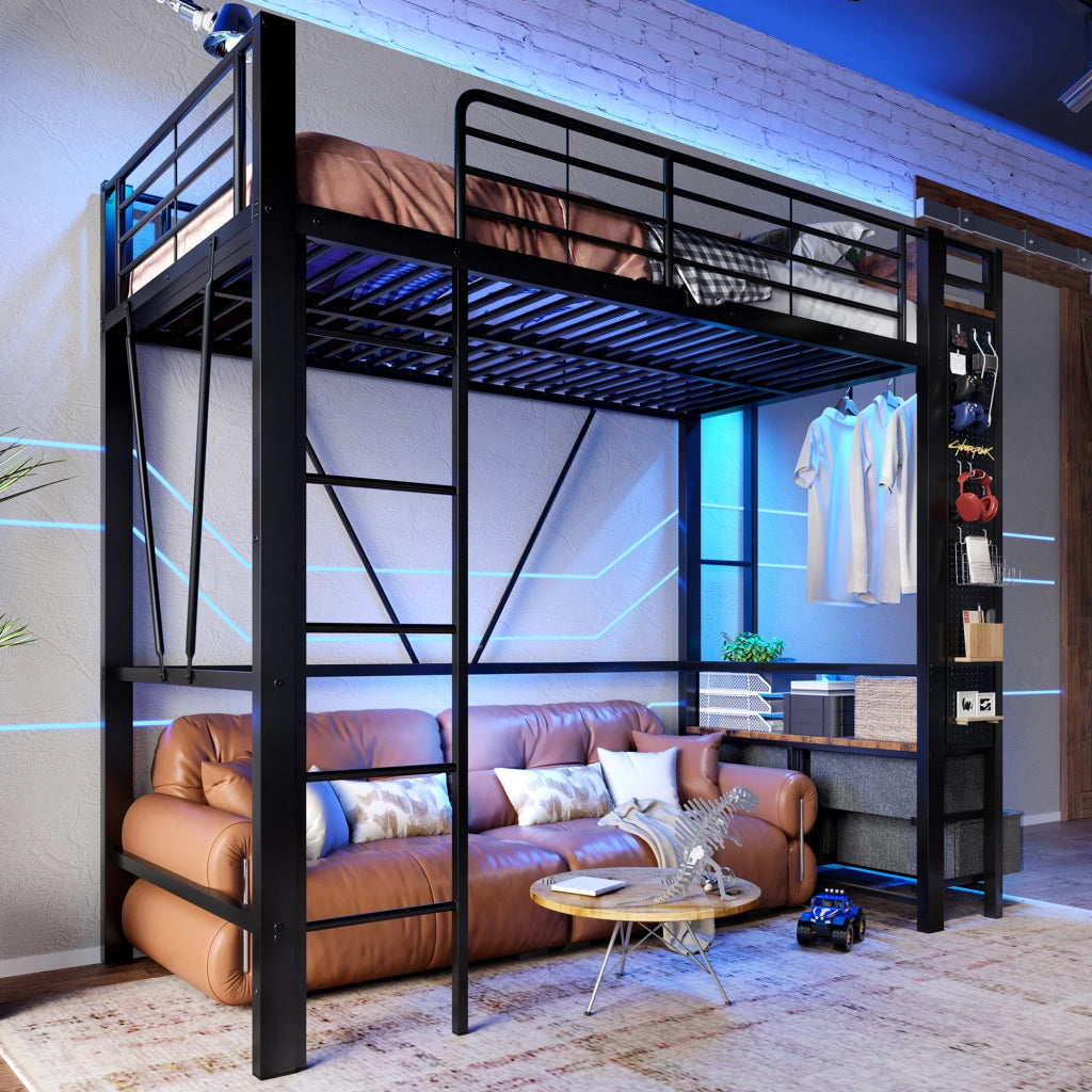LETTO a soppalco 90x200 cm metallo nero con 4 cassetti LED USB e Type-C