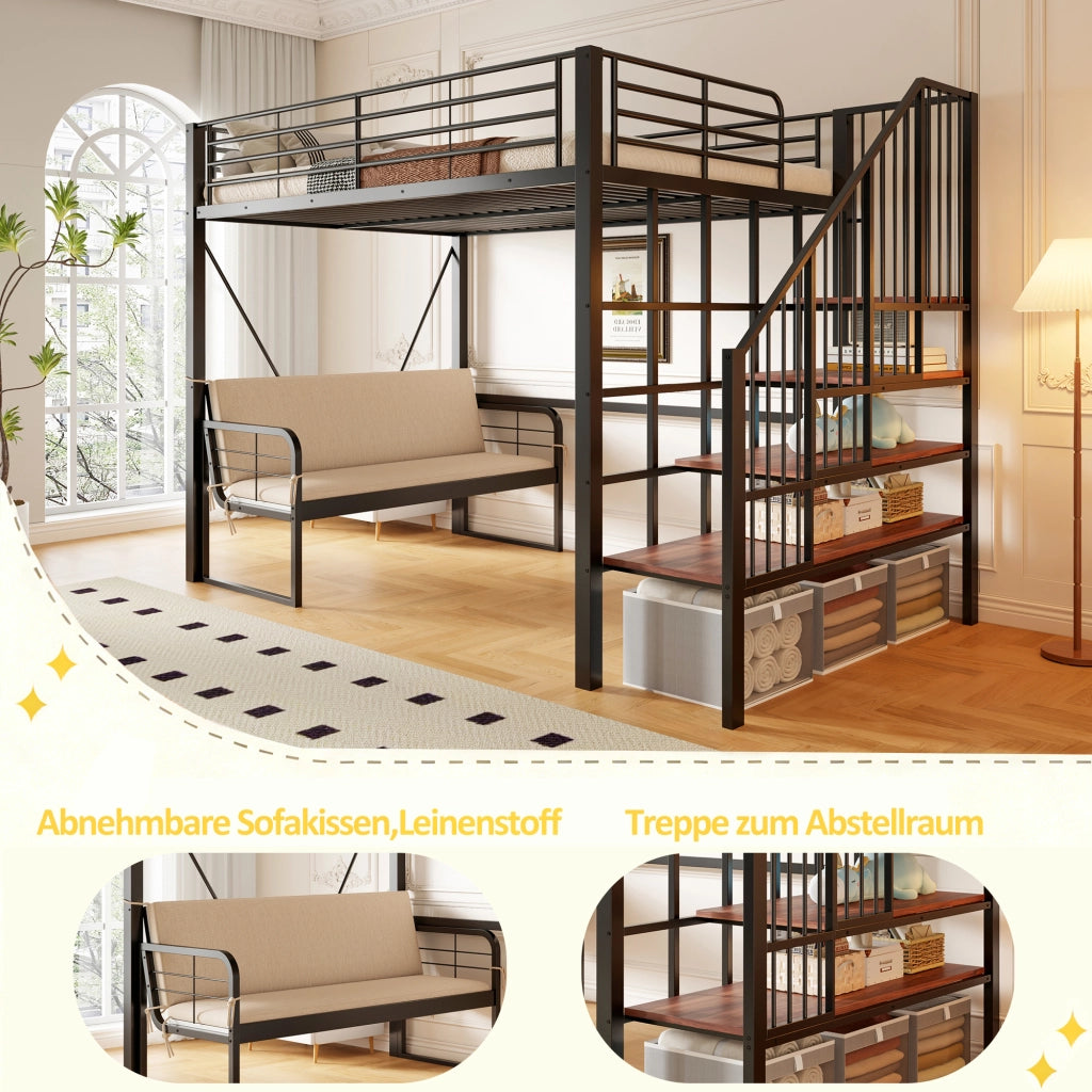 Letto a Castello 140x200 cm - Scala Contenitore; Divano Sfoderabile e Struttura in Metallo - Nero