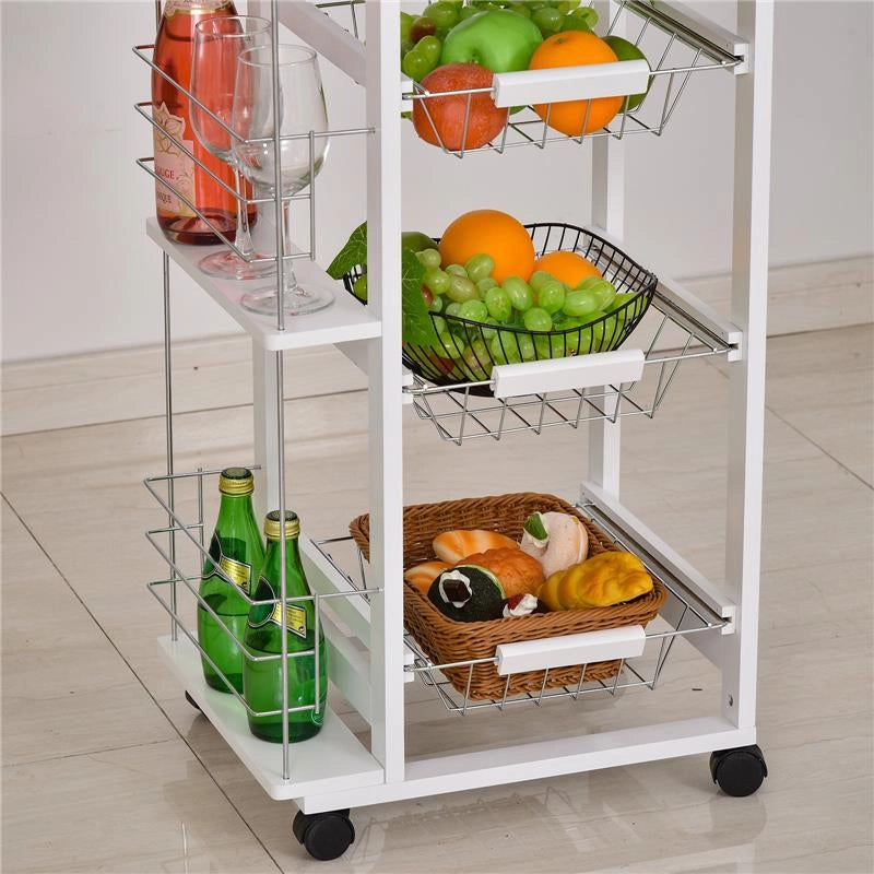 CARRELLO DA CUCINA SALVASPAZIO IN LEGNO CON 4 RUOTE 3 CESTI ESTRAIBILI BIANCO