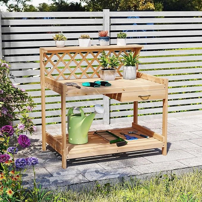 Tavolo per Piante in Legno, Tavolo da Giardino con Traliccio, Cassetto Rimovibile e Ripiano, Tavolino per Vasi di Fiori da Interno ed Esterno per Cortile, Balcone, Prato e Terrazzo