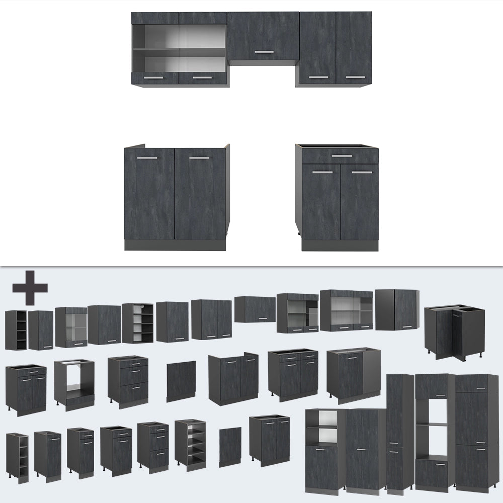 Mobile da cucina R-Line Calce nera/Antracite 200 cm PL Marmo Vicco