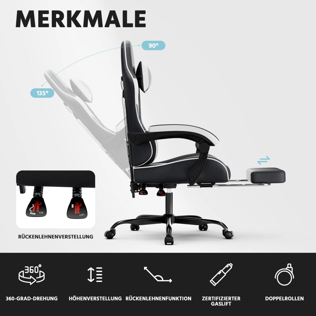 Sedia da ufficio ergonomica con supporto lombare; poggiapiedi; schienale reclinabile e braccioli in PVC nero bianco