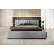 Letto contenitore CERVIN – Velluto morbido Nacre di cemento – 160x200 cm – Rete sollevabile – Design contemporaneo