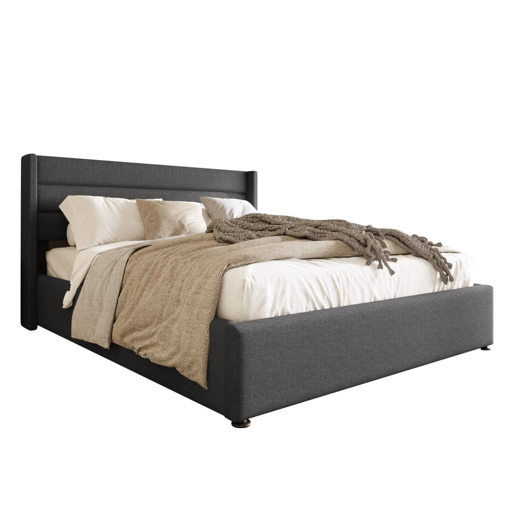 Letto Contenitore 160x200 cm; Letto Matrimoniale con Box Contenitore e Testiera Imbottita; in Lino; Grigio