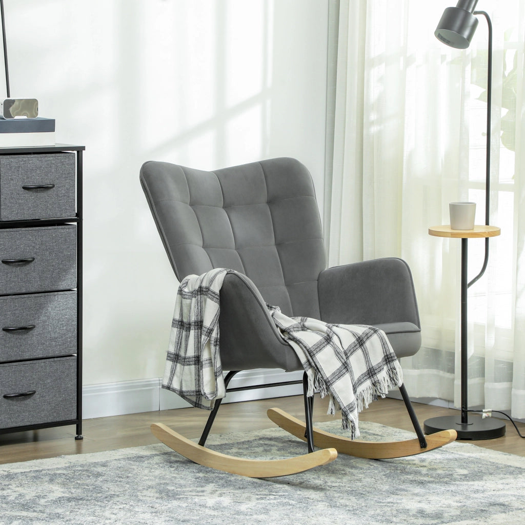 Sedia a dondolo, poltrona a dondolo effetto velluto, braccioli, poltrona con pattini in legno, reclinabile per soggiorno, camera da letto, grigio