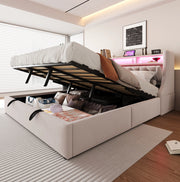 Letto matrimoniale 180x200 cm in velluto beige con contenitore; LED e testiera con prese USB/C