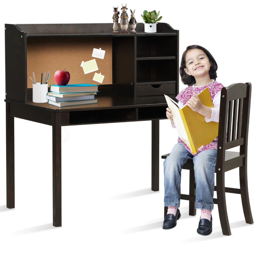 Scrivania per bambini con sedia mensola bacheca in sughero da letto, Set scrivania e sedia per bambini postazione di lavoro Marrone-Tavoli e sedie