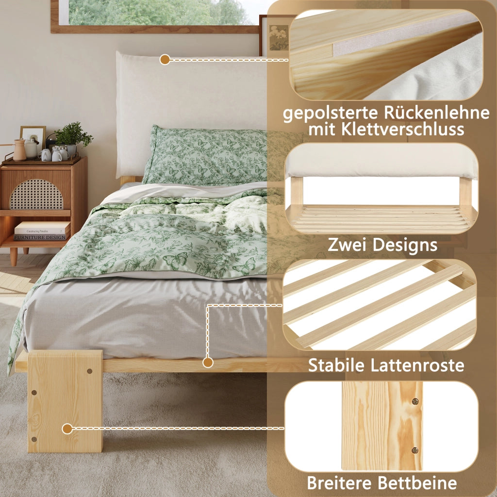 letto imbottito legno e tessuto naturale 90x200 cm