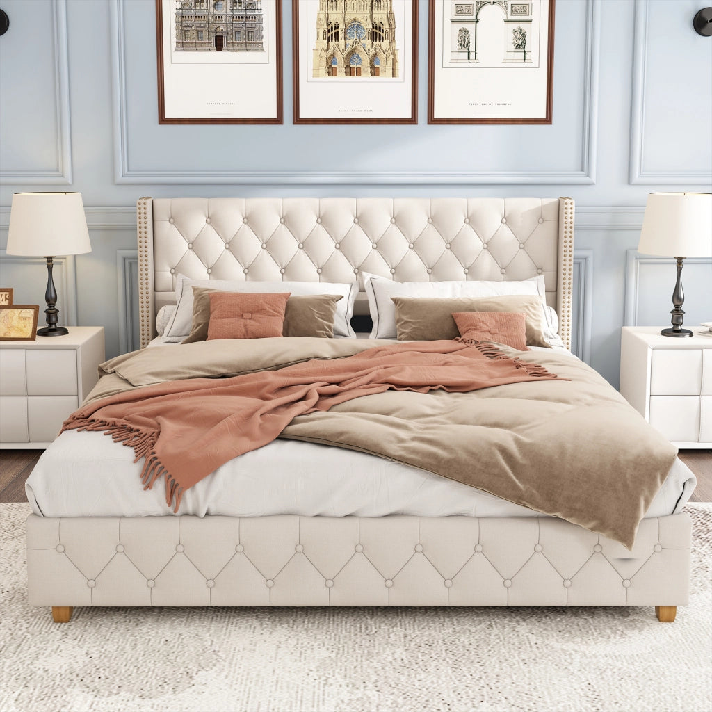 LETTO Imbottito 140x190 cm in Lino Beige con Testiera capitonné