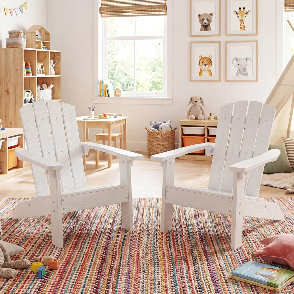 Set di 2 sedia adirondack per bambini in plastica resistente alle intemperie, Poltrona da giardino con schienale a doghe inclinato Bianco
