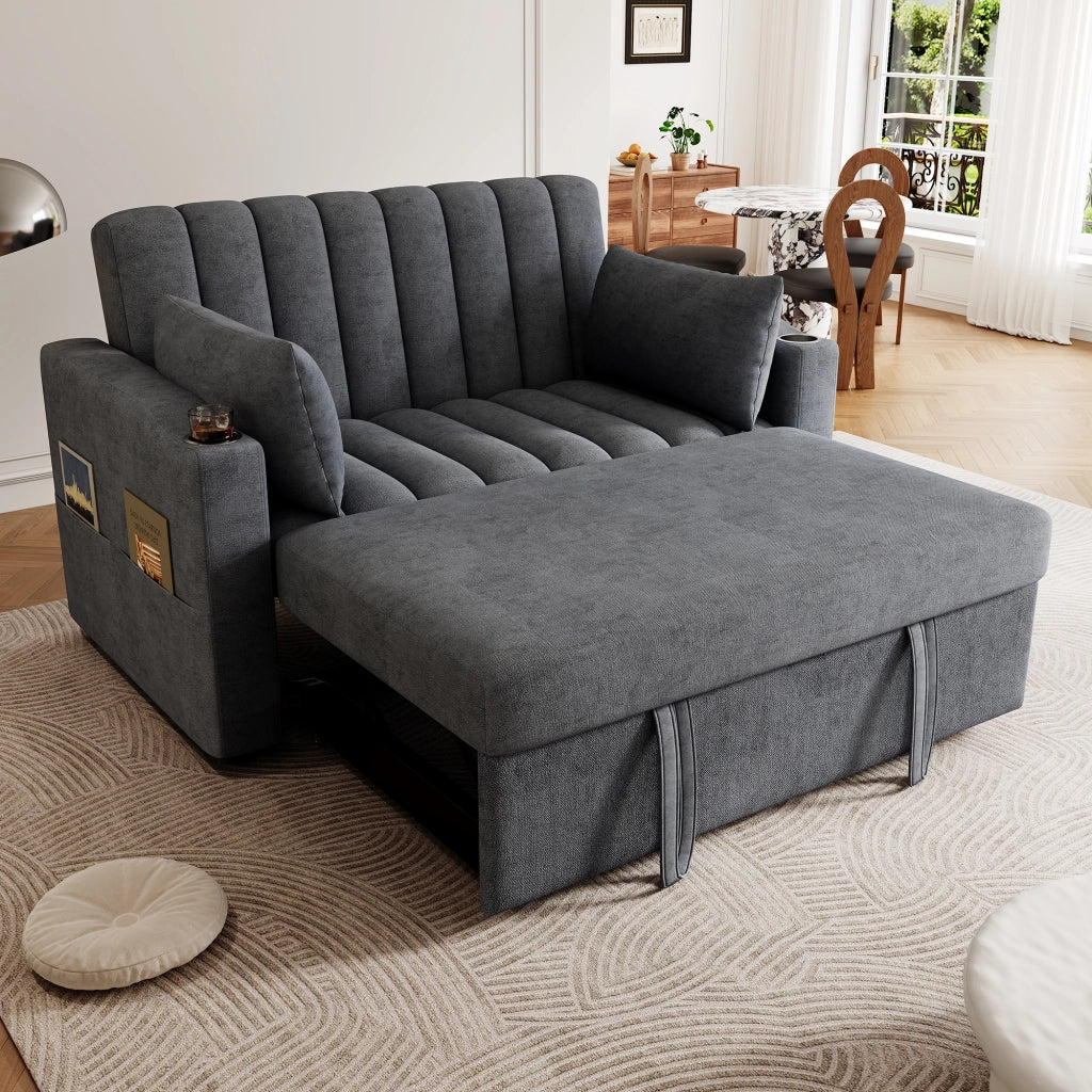 Divano letto 2 Posti con Schienale Regolabile, Portabicchieri e Cuscini, in Cotone Lino Grigio 136 × 162 × 84 cm