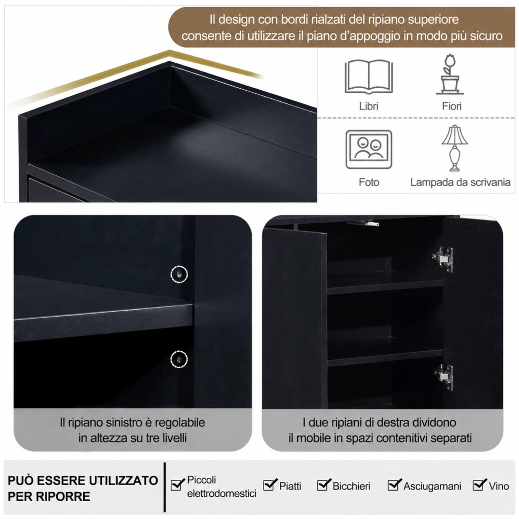 Credenza buffet 120cm nera, mobile soggiorno in pannello di particelle con base metallo oro, 4 ante push‑to‑open, ripiani regolabili, mobile da ingresso sala da pranzo