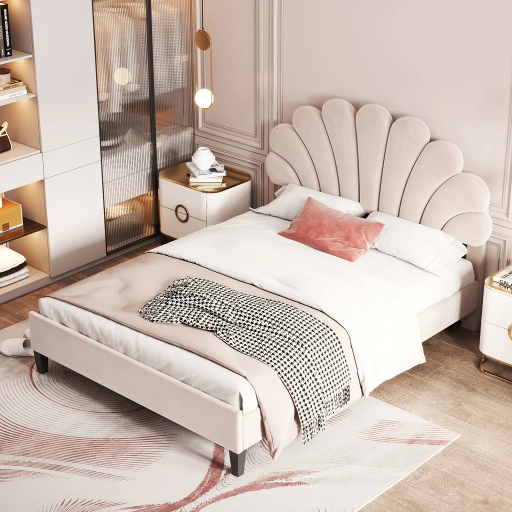 Letto imbottito in velluto con testiera a fiore e doghe; beige; 140x200 cm; senza materasso