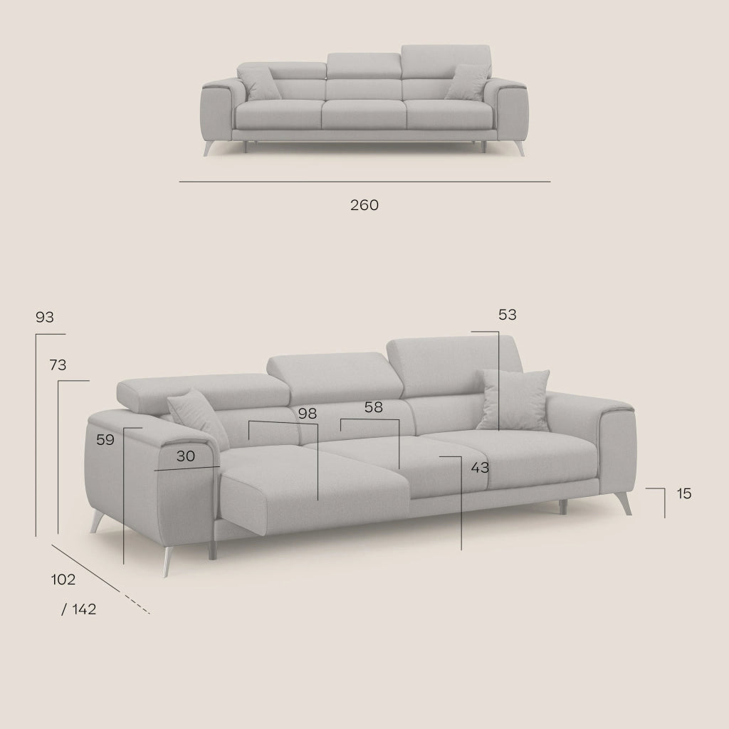 Fusion Divano con 3 sedute allungabili in tessuto smacchiabile T05 260 cm panna