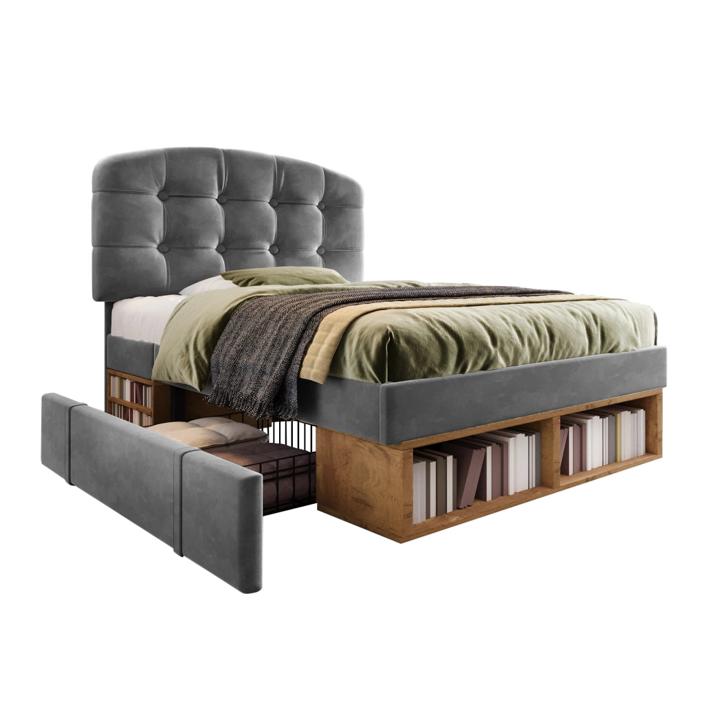 Letto Singolo Imbottito con Cassetti ¨C MINIMAL ¨C Velluto Grigio, 90x200, Testiera Regolabile