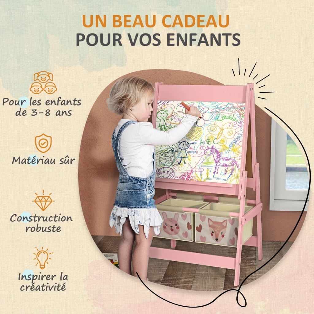 Lavagna cavalletto bambini doppia faccia con rotolo carta e 2 cestini ¨C Xylo ¨C Rosa 54x46,5x93cm