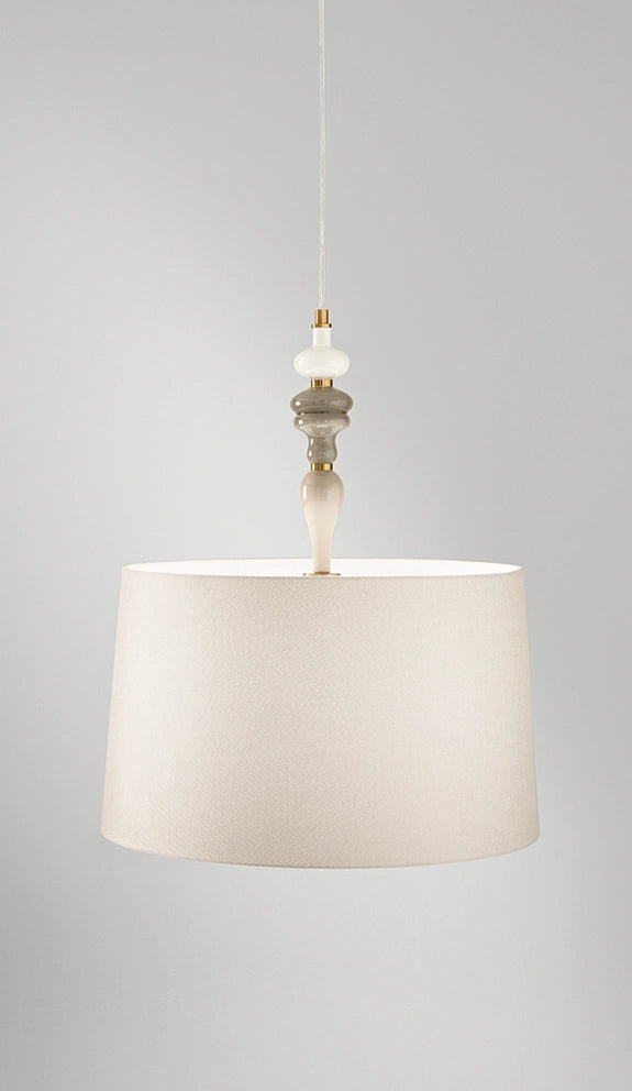 Sospensione in Metallo Ottone Spazzolato e Ceramica Multicolor con Paralume in Tessuto Avana - Design Moderno ed Elegante D.50 cm - Perenz
