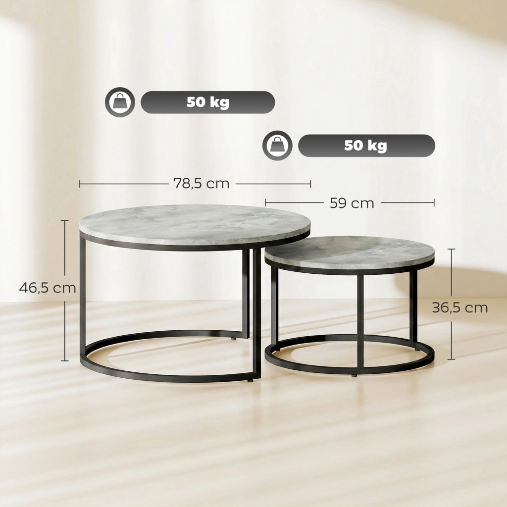 Tavolino da caff¨¨ rotondo effetto marmo ¨C Minimal ¨C 2 pezzi telaio metallo grigio