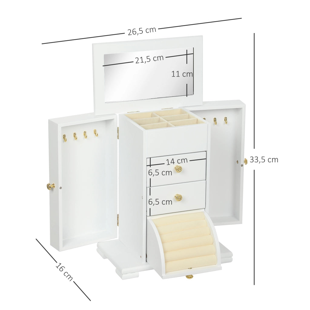 Cofanetto per Gioielli in Legno con 4 Livelli, Ali, Specchio e 2 Cassetti ¨C Zephmum ¨C Bianco 26.5x16x33.5 cm