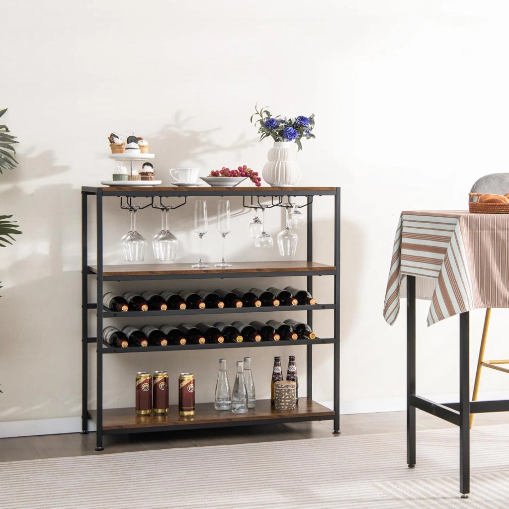 Mobile Portabottiglie a 5 Livelli, Portabottiglie per Vino da Terra con 2 Ripiani Porta Vini, 4 Porta Calici Piano Spazioso e Ripiani Aperti, per Cantine, Sala da pranzo, Cucina