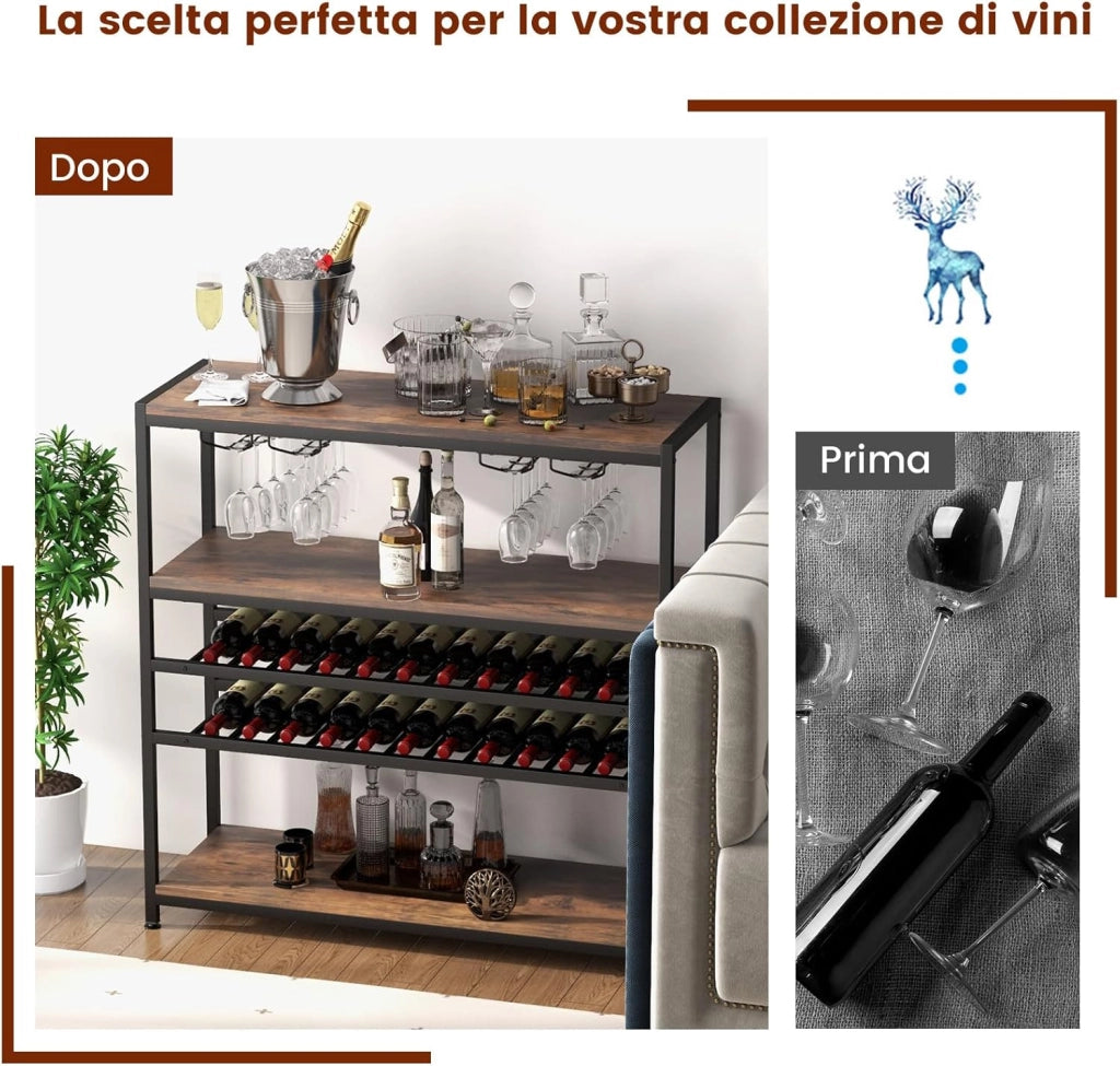 Mobile Portabottiglie a 5 Livelli, Portabottiglie per Vino da Terra con 2 Ripiani Porta Vini, 4 Porta Calici Piano Spazioso e Ripiani Aperti, per Cantine, Sala da pranzo, Cucina