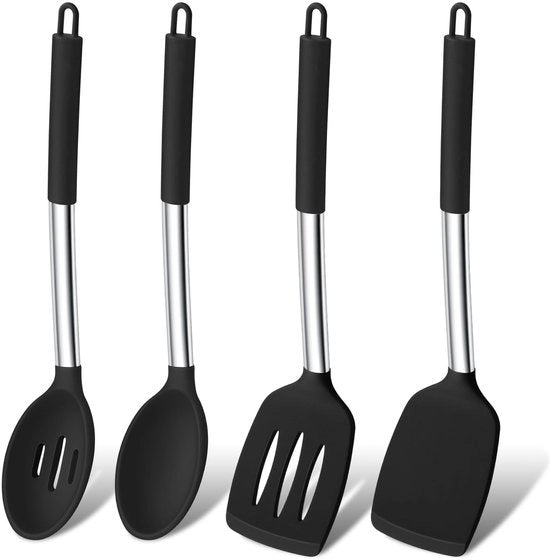 Set di 4 Spatole e Cucchiai in Silicone Resistenti al Calore con Manico in Acciaio Inossidabile