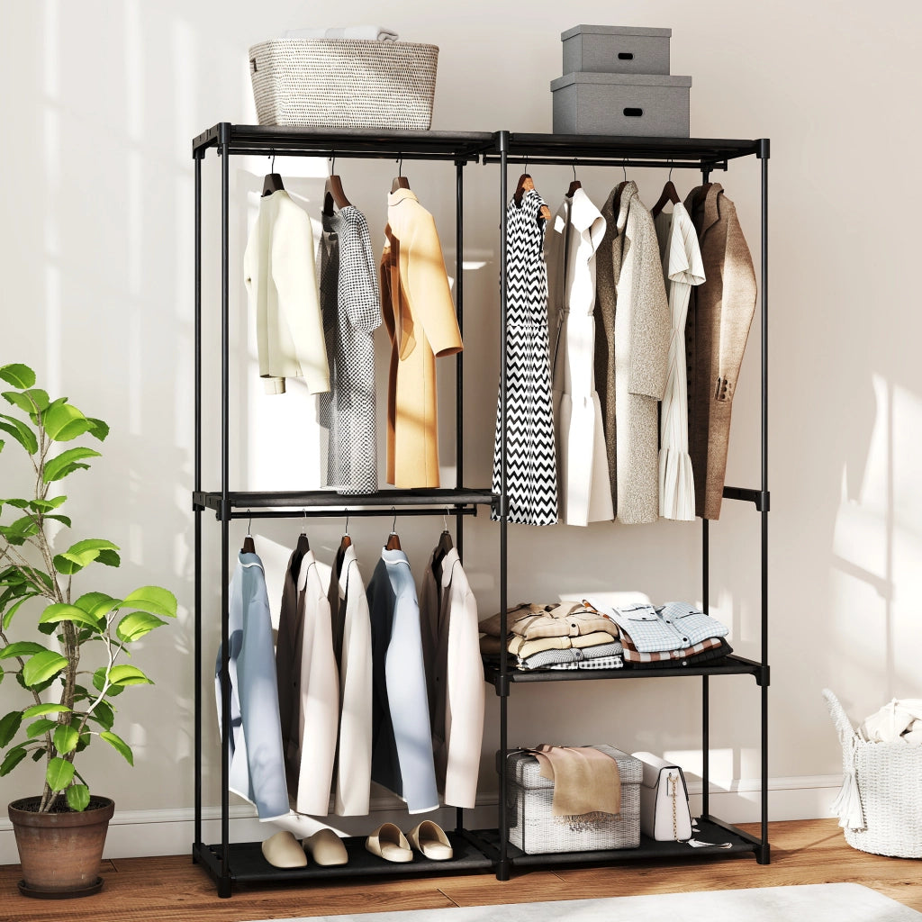 Armadio Guardaroba ¨C Xylo ¨C 2 Aste Appendiabiti 4 Ripiani Tessuto Acciaio 142x43x185 cm Nero