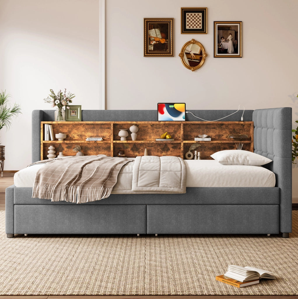Letto 90x200 cm con 2 cassetti e USB; Type C in lino