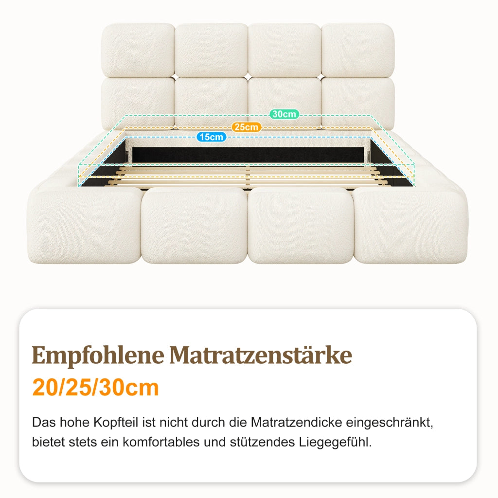 letto imbottito bouclé bianco 224 x 183 cm