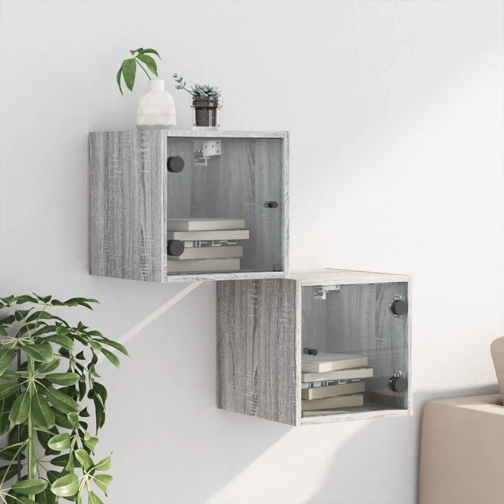 Comodini con Ante in Vetro 2pz-Set di 2 Tavolino da notte Grigio Sonoma 35x37x35 cm