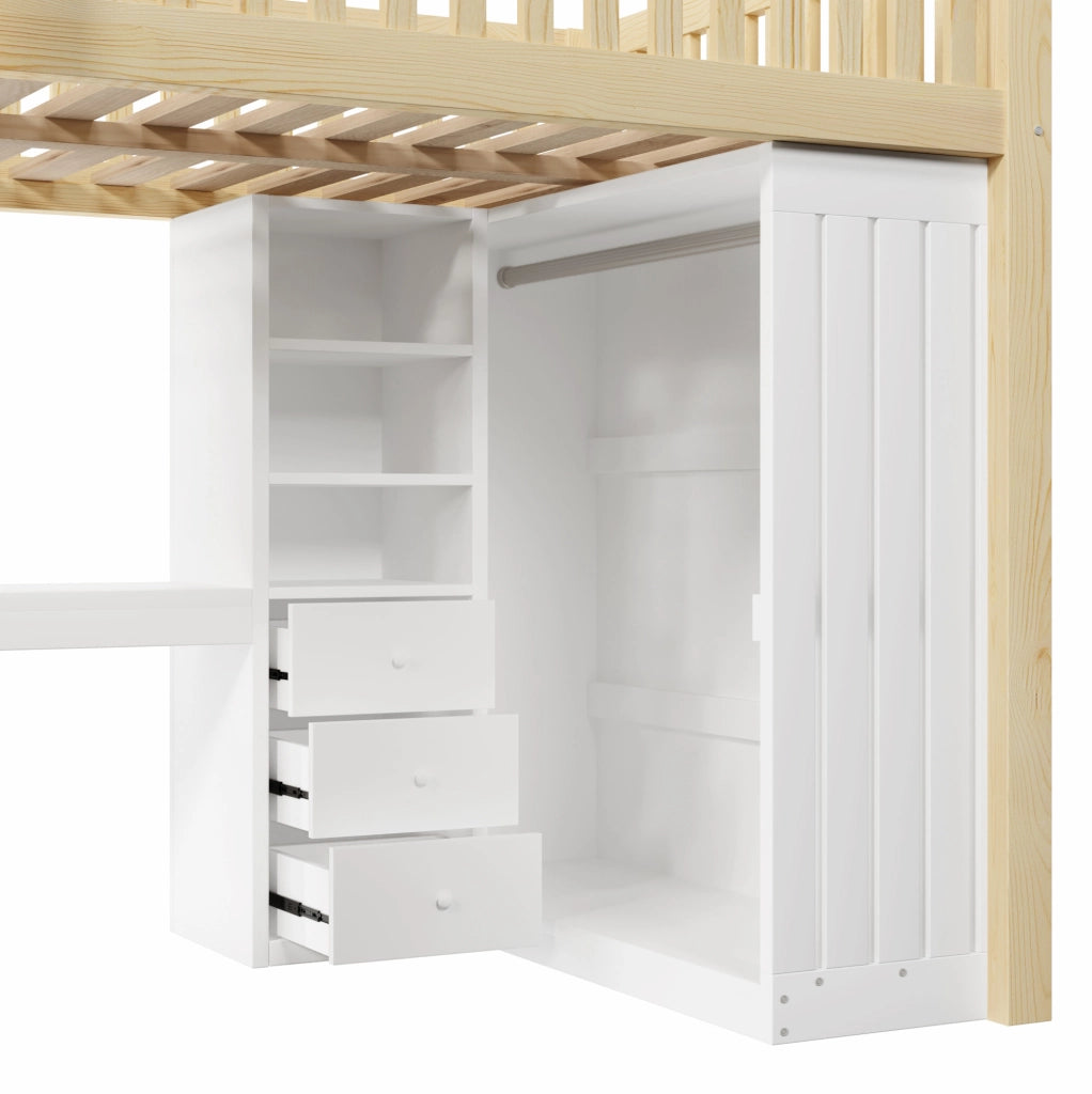 Letto a soppalco 140x200 cm con scrivania; guardaroba; 3 cassetti; in legno di pino e MDF; naturale
