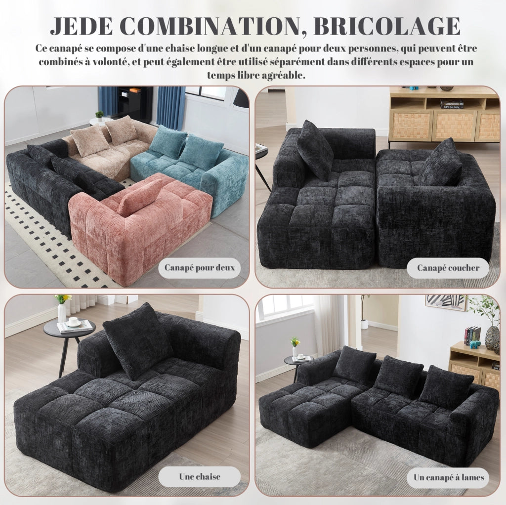 Divano angolare 3 posti con chaise longue in chenille nera; 250x158x60 cm con 3 cuscini