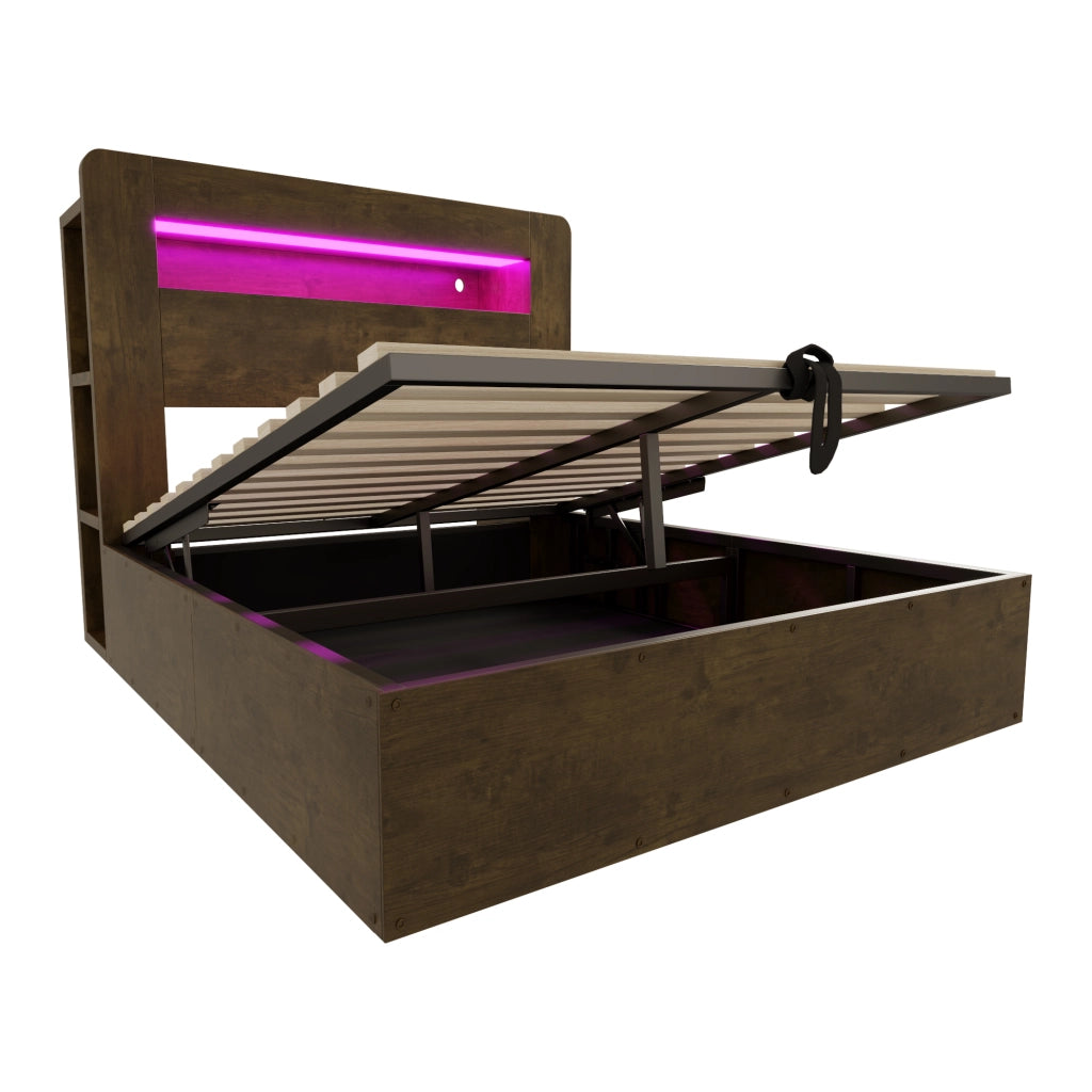 Letto in legno 140x200 cm, con contenitore e ripiani, illuminazione a LED, presa di ricarica, stile retro, marrone