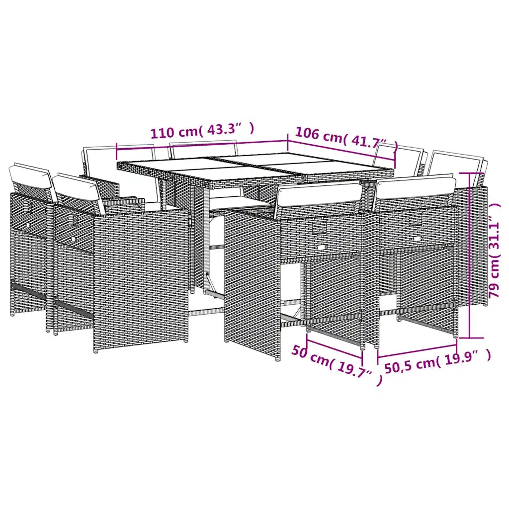 Set da Pranzo da Giardino 9pz con Cuscini Marrone in Polyrattan 3211197