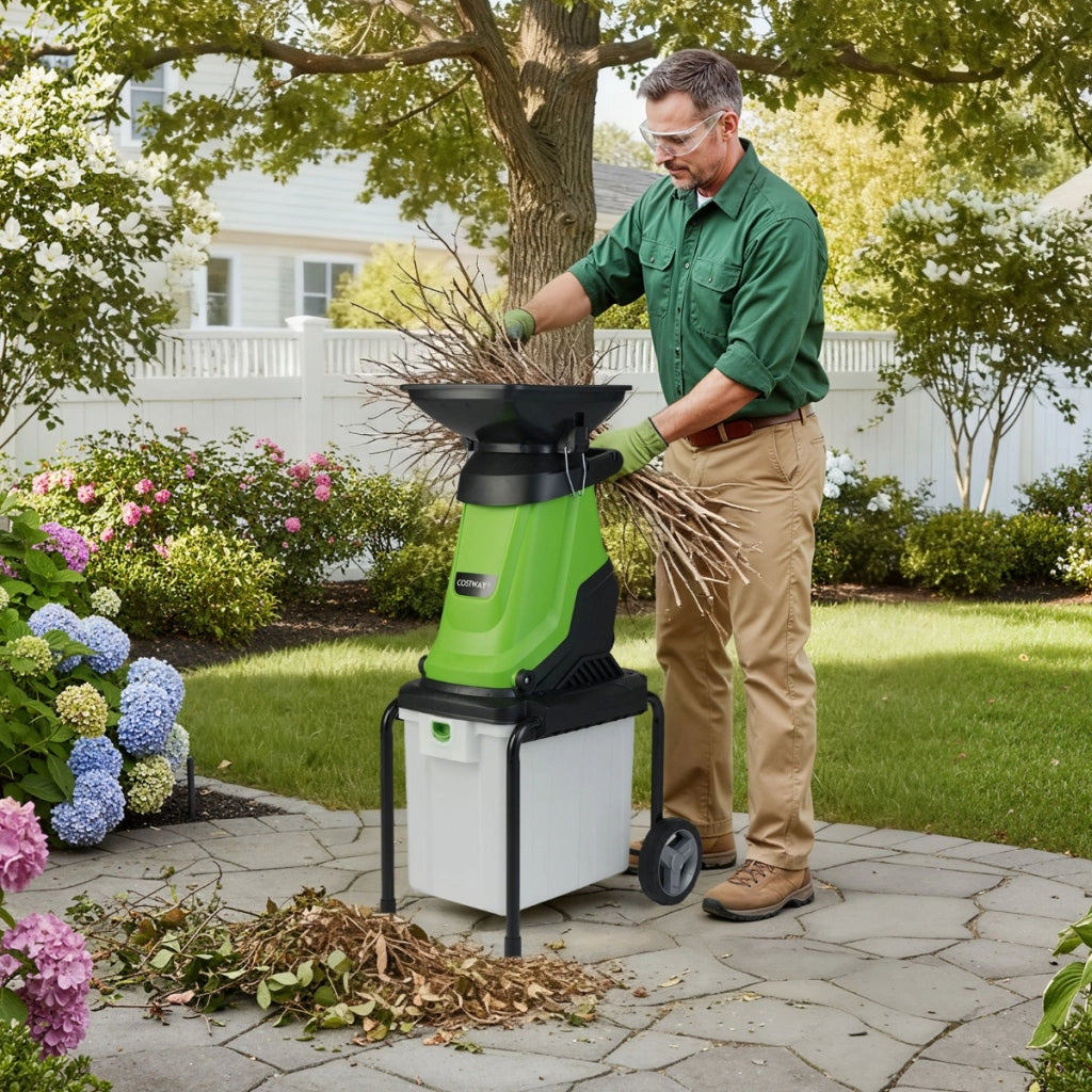 Trituratore elettrico per legno tritatutto da giardino da 3000 w con cestino da 50 l, Trituratore mulching elettrico a fili Verde-Attrezzi da giardino