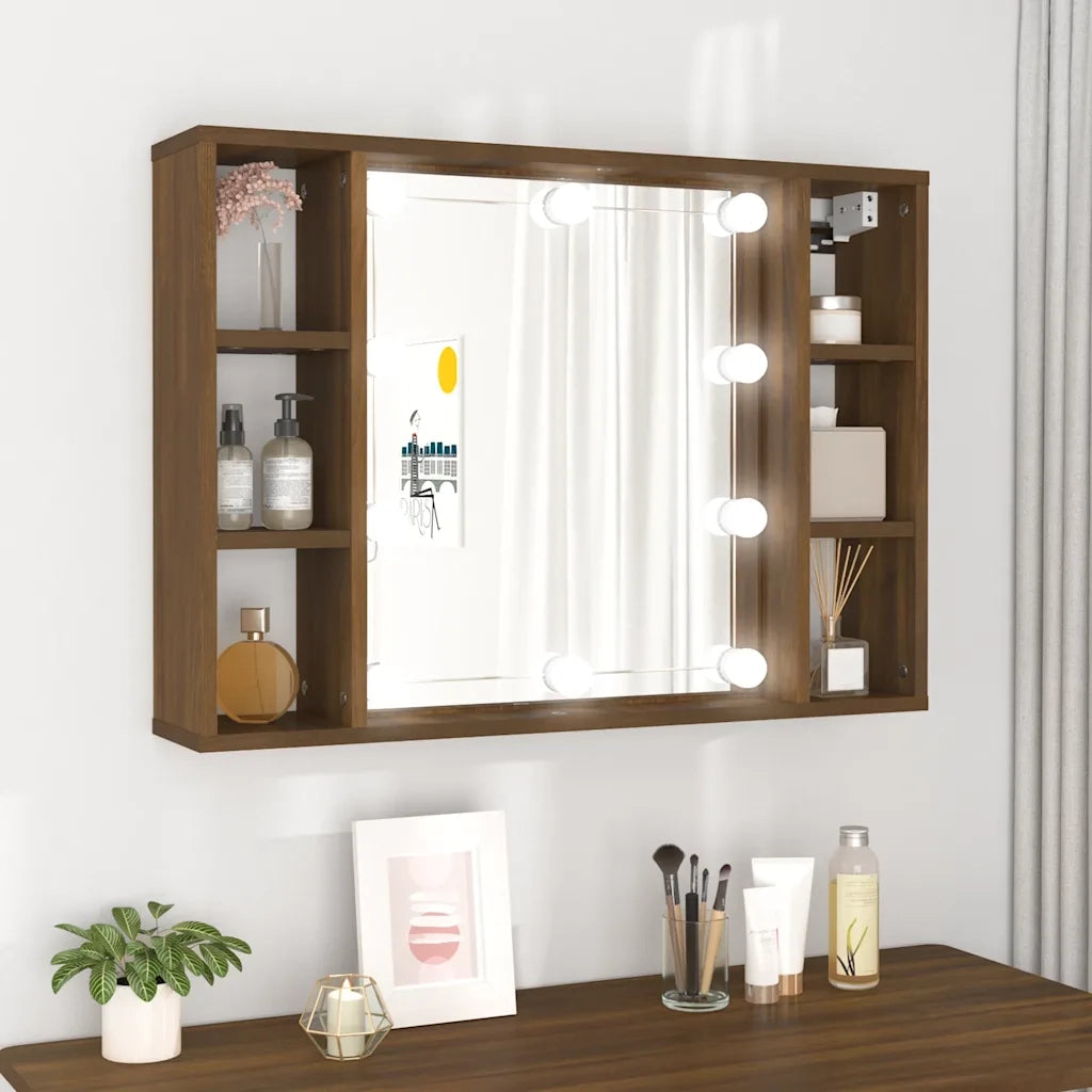 Mobile a Specchio con LED-Armadietto a Specchio Rovere Marrone 76x15x55 cm