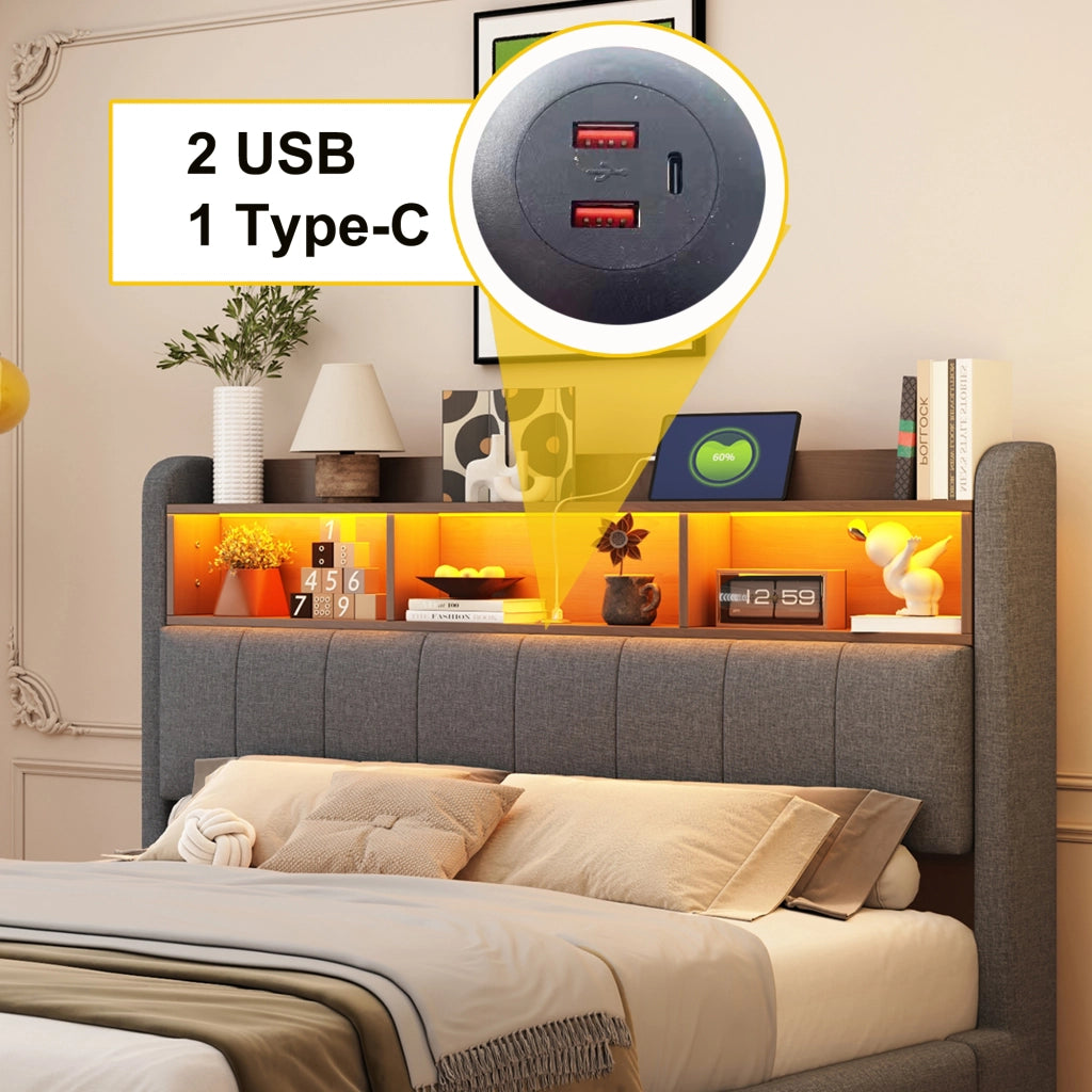 LETTO Imbottito 140x200 cm Grigio con LED, USB, Type-C e vano testiera