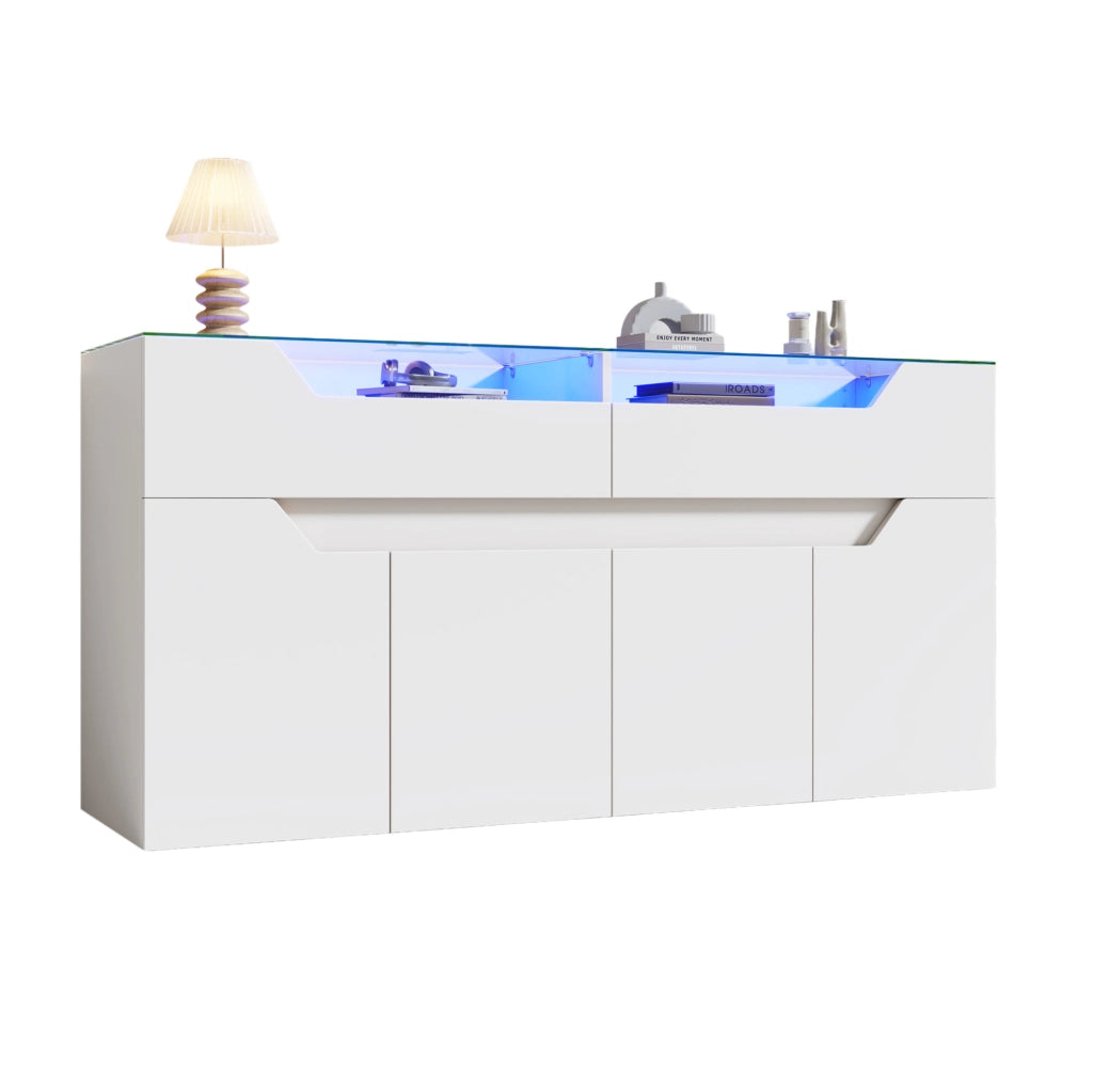 Credenza sideboard 140x40x70 cm in MDF bianco con piano in vetro temperato e LED