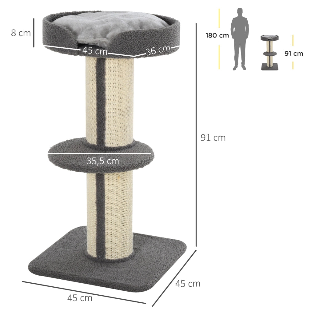 Albero per Gatti 3 Livelli con Piattaforma e Sisal ¨C zephmum ¨C Grigio 45x45x91 cm
