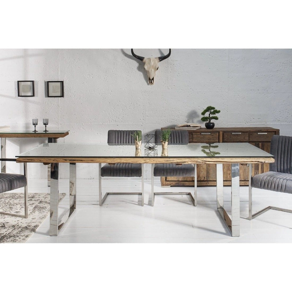 Tavolo da pranzo RAFTA 180 cm – Piano in legno riciclato e vetro temperato, struttura in metallo