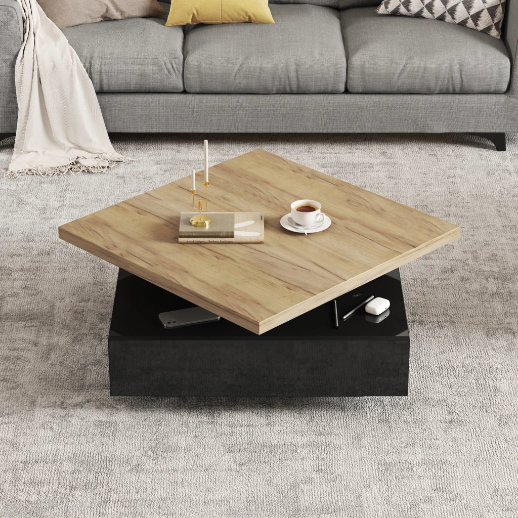 Tavolino da caffè con piano girevole e vano contenitore per soggiorno in truciolare noce 70x70x36 cm