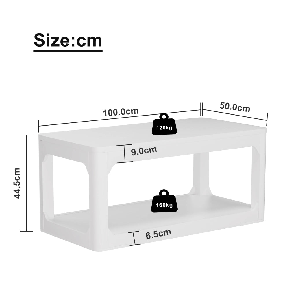 Tavolino da caffè moderno bianco con doppio ripiano, 100x50x44,5 cm, in MDF