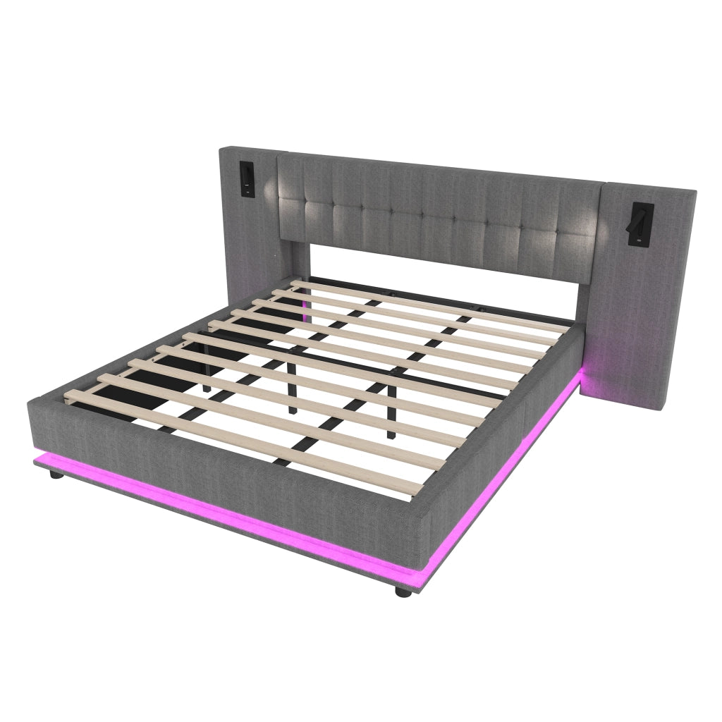 Letto imbottito 180x200 cm in lino grigio con LED, USB e luce spot, senza materasso