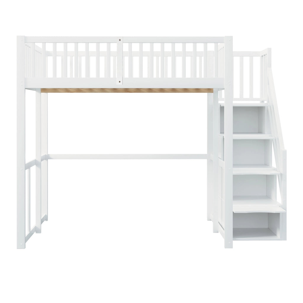 Letto a soppalco in pino massello con scala contenitore di sicurezza e recinzione; bianco; 140x200 cm; senza materasso