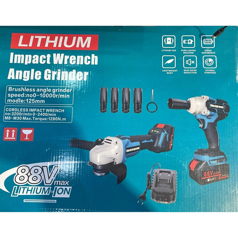 Trade Shop - Kit Avvitatore A Impulsi + Smerigliatrice Angolare Elettrici A Batteria 88v Molteplici Usi -