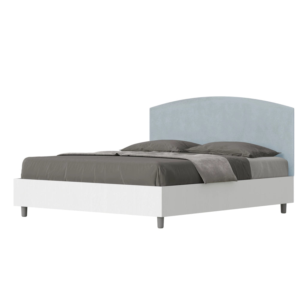 Letto Matrimoniale 160x200 cm con Rete e Contenitore Alzata Comoda Struttura Bianco Frassico e Testata in Microfibra