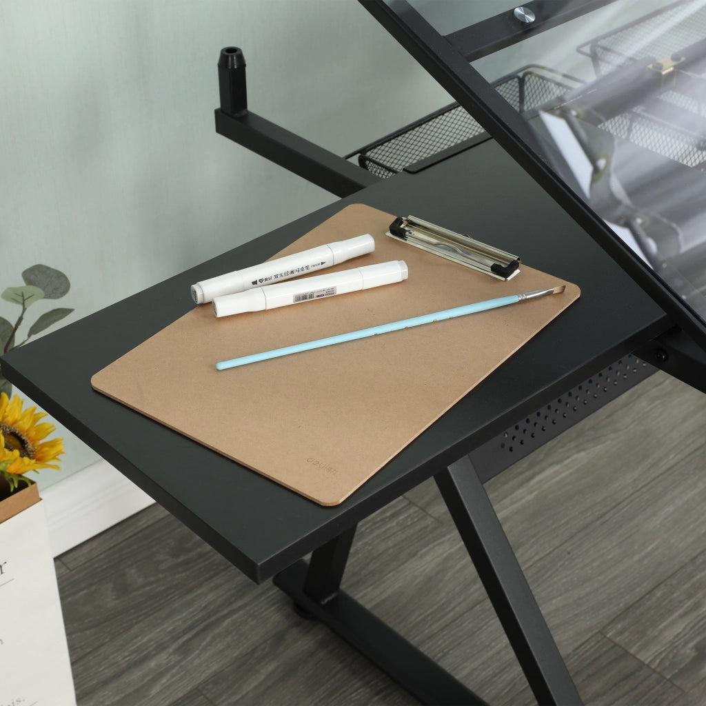 Scrivania lineare inclinabile con piano in vetro temperato, cassetti metallici e sgabello, nera, 101 × 72 × 17 cm