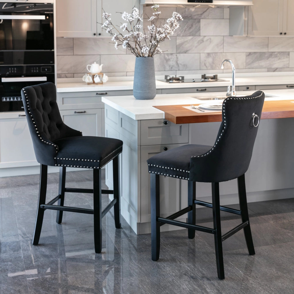 Sgabelli da Bar in Velluto con Gambe in Legno e Bottoni ¨C MINIMAL ¨C Set 2, Nero