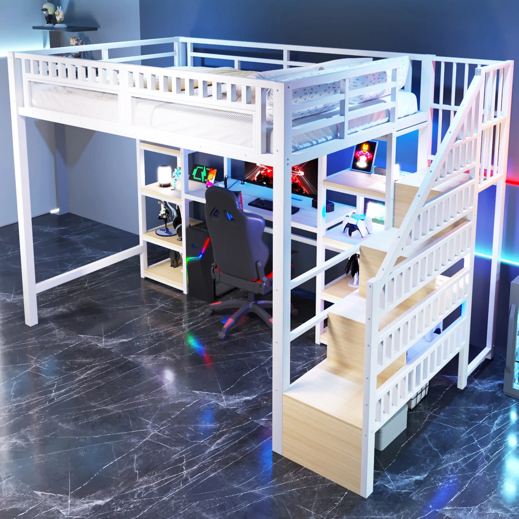 OKWISH Letto a Soppalco 140×200 cm, Letto Matrimoniale con Mensole, Scala Contenitore, Scrivania, LED e USB, senza Materasso, Bianco