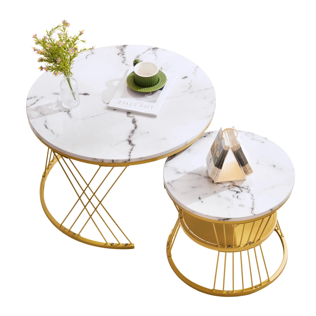 OKWISH Tavolini Bassi Impilabili Rotondi con 2 Piani, Piedini Regolabili, Finitura Lucida, per Soggiorno, MDF, Bianco